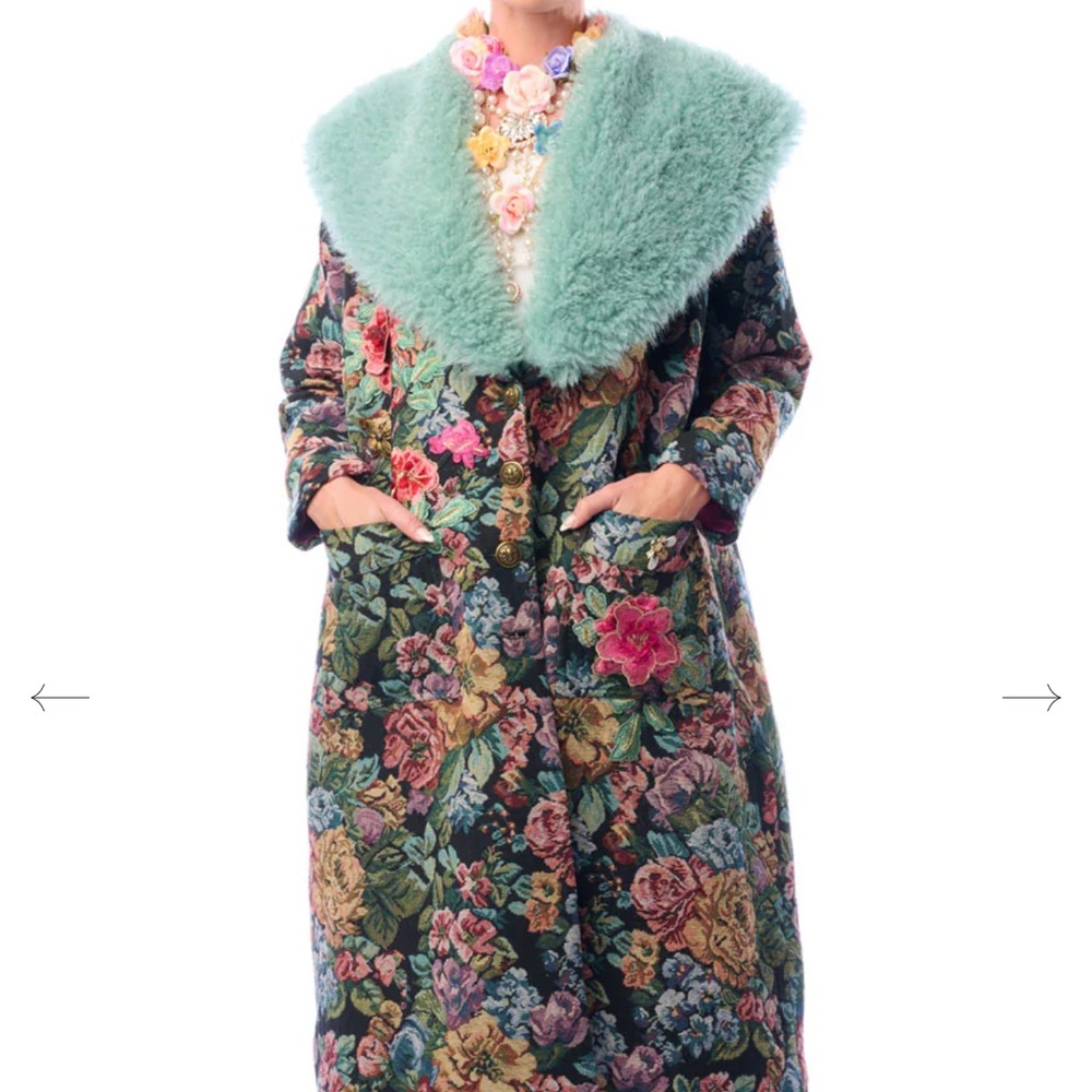 Floral Multicolor Faux Fur-Trim Coat - Blue Collar (Brand Aratta) - Picture 4 of 5